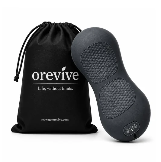 Orevive SpineEase cordless heated EMS back massager with its black storage bag