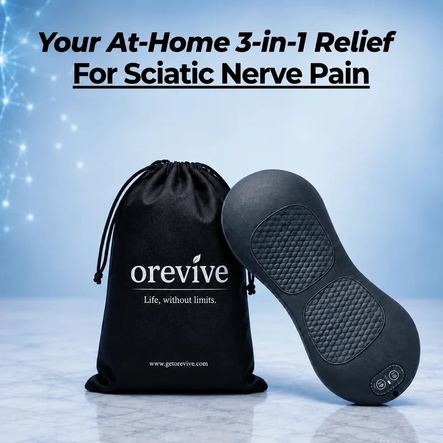 Orevive SpineEase massager next to its black drawstring storage bag